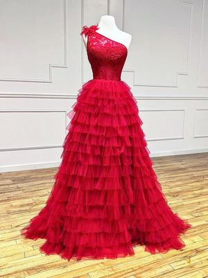 One Shoulder Red Lace High Low Prom Dresses, Red High Low Lace Formal Evening Dresses