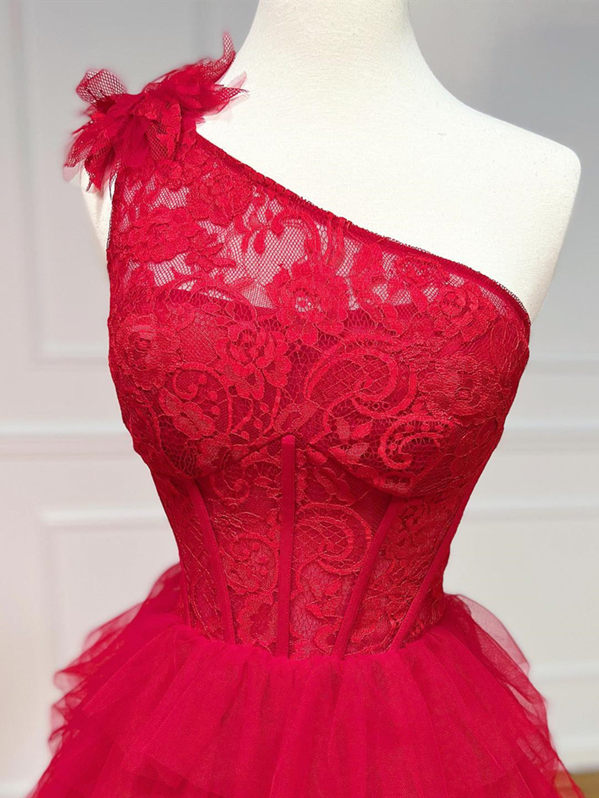 One Shoulder Red Lace High Low Prom Dresses, Red High Low Lace Formal Evening Dresses One Shoulder Red Lace High Low Prom Dresses, Red High Low Lace Formal Evening Dresses