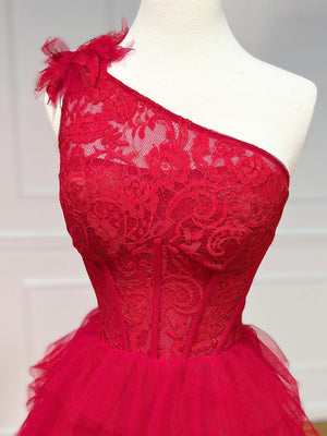 One Shoulder Red Lace High Low Prom Dresses, Red High Low Lace Formal Evening Dresses
