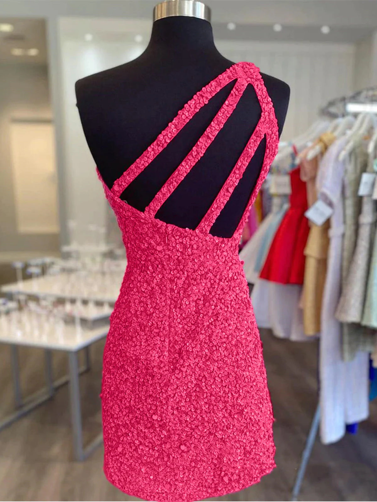 One Shoulder Short Hot Pink Prom Dresses, One Shoulder Short Hot Pink Formal Homecoming Dresses, US 14 / Custom Color / With Rush+$19.99 One Shoulder Short Hot Pink Prom Dresses, One Shoulder Short Hot Pink Formal Homecoming Dresses, US 14 / Custom Color / With Rush+$19.99