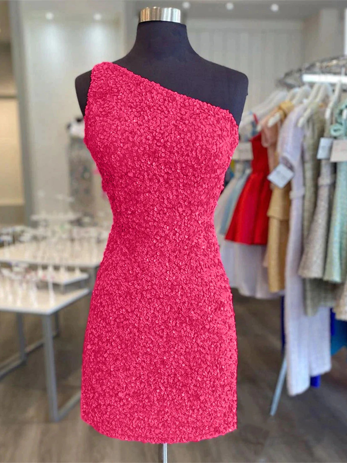 One Shoulder Short Hot Pink Prom Dresses, One Shoulder Short Hot Pink Formal Homecoming Dresses, US 14 / Custom Color / With Rush+$19.99 One Shoulder Short Hot Pink Prom Dresses, One Shoulder Short Hot Pink Formal Homecoming Dresses, US 14 / Custom Color / With Rush+$19.99