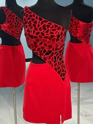 One Shoulder Short Red Prom Dresses, One Shoulder Short Red Formal Homecoming Dresses