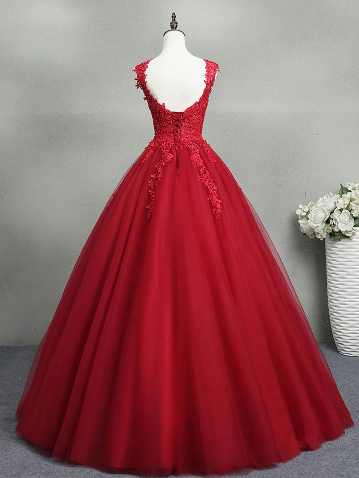 Open Back Burgundy Lace Tulle Long Prom Dresses, Burgundy Lace Formal - shegown Open Back Burgundy Lace Tulle Long Prom Dresses, Burgundy Lace Formal - shegown