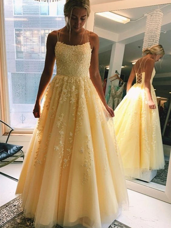 Open Back Yellow Lace Long Prom Dresses, Backless Yellow Lace Long Formal Evening Dresses, US 12 / Yellow as Pics / No Rush