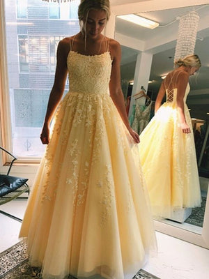 Open Back Yellow Lace Long Prom Dresses, Backless Yellow Lace Long Formal Evening Dresses