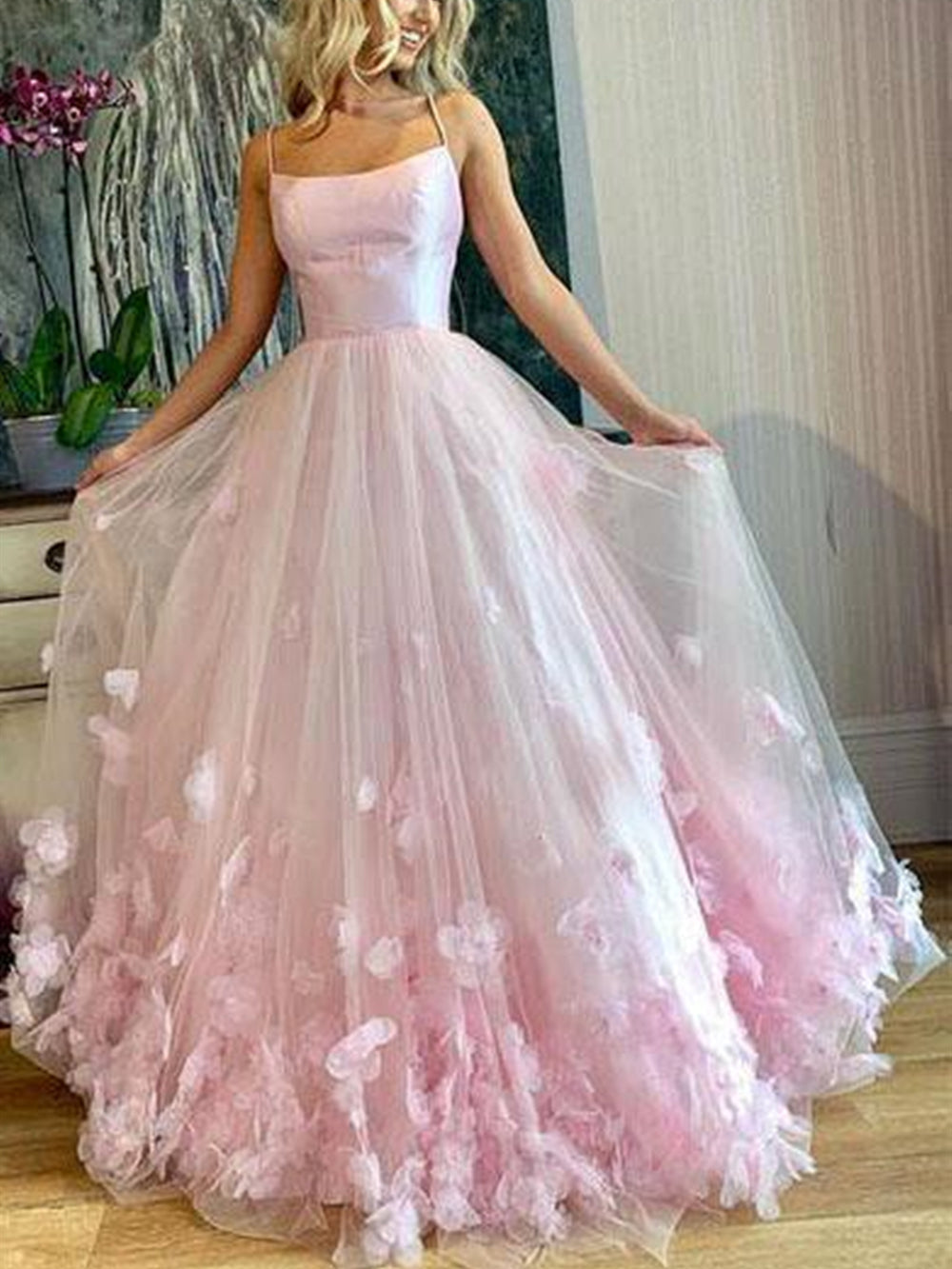 Pink Floral Floor Length Prom Dresses, Pink Floral Long Formal Evening