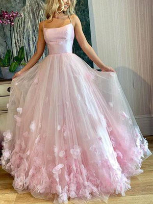 Pink Floral Floor Length Prom Dresses, Pink Floral Long Formal Evening Dresses