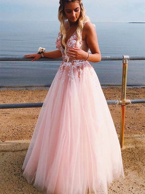 Pink Floral Long Prom Dresses, Pink 3D Flower Formal Graduation Dresses