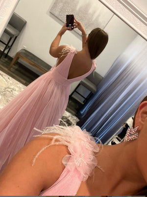 Pink Floral Tulle Prom Dresses, Pink Floral Tulle Formal Graduation Dresses
