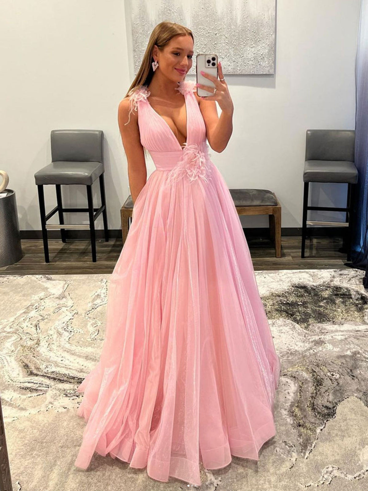 Pink Floral Tulle Prom Dresses, Pink Floral Tulle Formal Graduation Dresses Pink Floral Tulle Prom Dresses, Pink Floral Tulle Formal Graduation Dresses