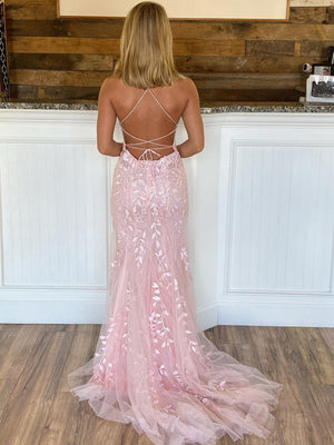 Pink Mermaid Lace Prom Dresses, Backless Pink Mermaid Lace Formal Graduation Dresses