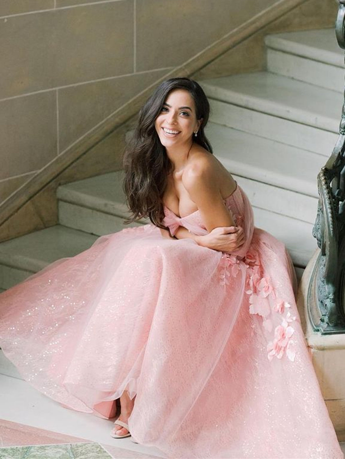 Pink Tea Length Floral Prom Dresses, Pink Tea Length Flower Formal Graduation Dresses Pink Tea Length Floral Prom Dresses, Pink Tea Length Flower Formal Graduation Dresses