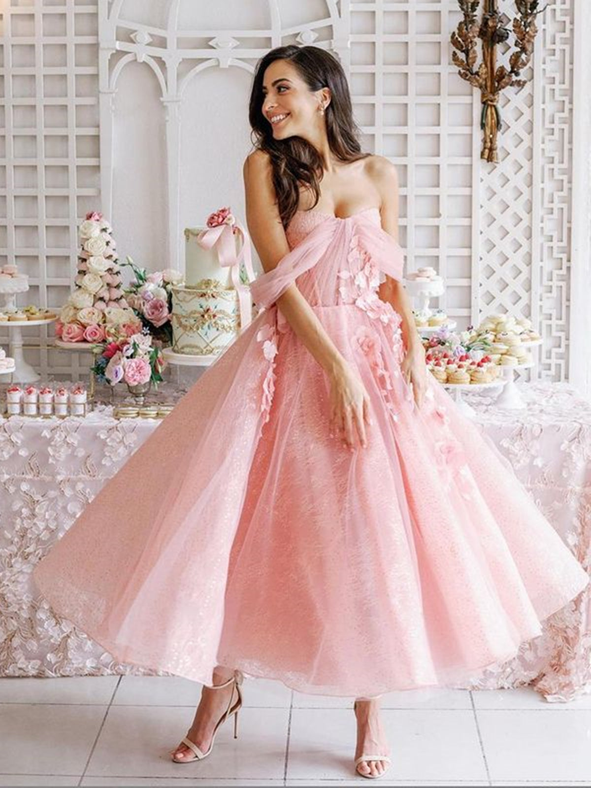 Pink Tea Length Floral Prom Dresses, Pink Tea Length Flower Formal Gra - shegown Pink Tea Length Floral Prom Dresses, Pink Tea Length Flower Formal Gra - shegown
