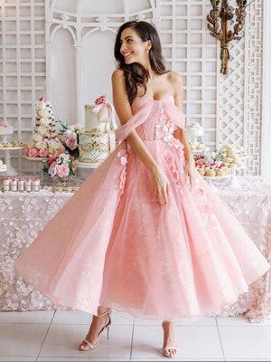 Pink Tea Length Floral Prom Dresses, Pink Tea Length Flower Formal Graduation Dresses