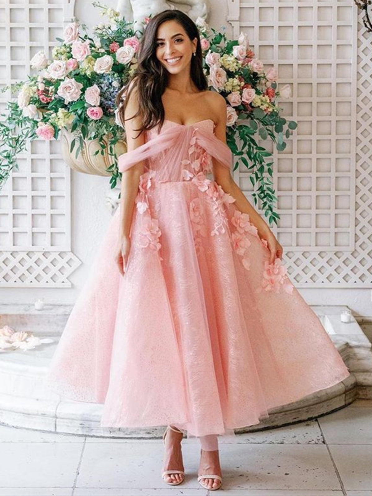 Pink Tea Length Floral Prom Dresses, Pink Tea Length Flower Formal Gra - shegown Pink Tea Length Floral Prom Dresses, Pink Tea Length Flower Formal Gra - shegown