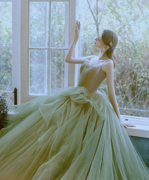 Puffy Green Tulle Long Prom Dresses, Green Tulle Long Formal Graduation Dresses