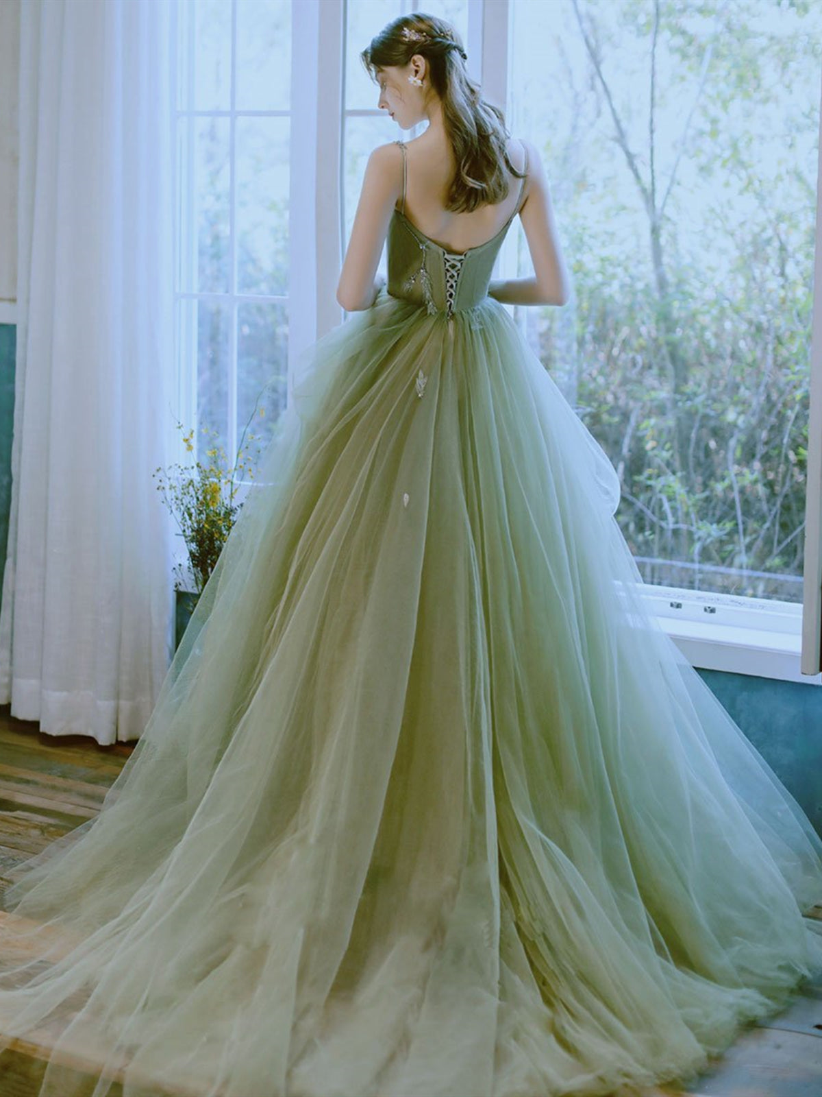 Puffy Green Tulle Long Prom Dresses, Green Tulle Long Formal Graduatio - shegown Puffy Green Tulle Long Prom Dresses, Green Tulle Long Formal Graduatio - shegown