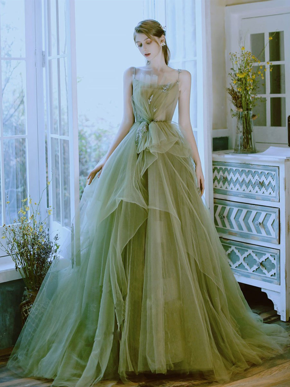 Dark Green Tulle Puffy Ball Gown Green Tulle Prom Dress With Flare Low Back  Formal Wear From Weddingfactory, $165.83