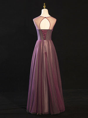 Purple Floral Long Lace Prom Dresses, Purple Floral Long Lace Formal Evening Dresses
