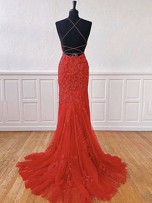 Red Backless Lace Prom Dresses, Red Open Back Lace Formal Evening Dresses