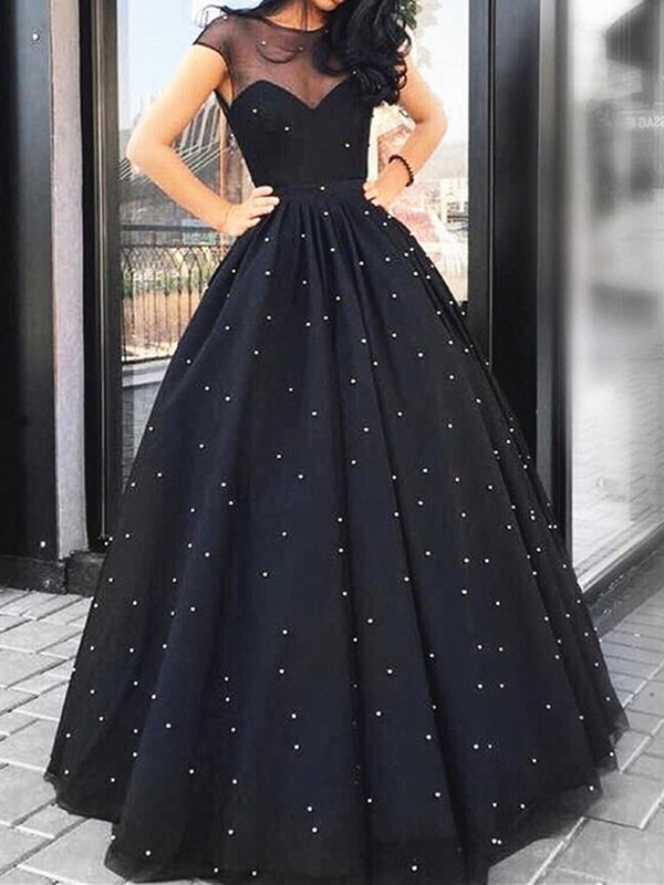 Round Neck Cap Sleeves Beaded Black Long Prom Dresses, Cap Sleeves Black Formal Dresses, Black Beaded Evening Dresses