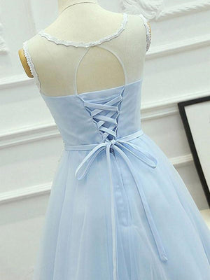 Round Neck Short Blue Lace Prom Dresses, Short Light Blue Lace Formal Graduation Dresses
