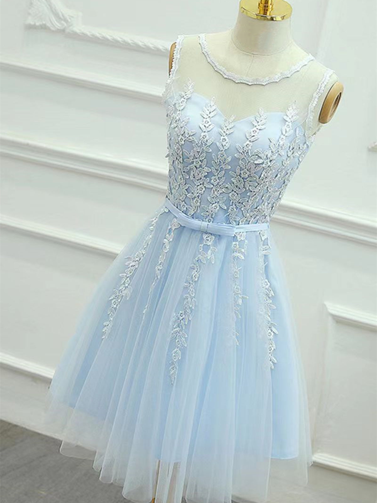 Short Light Blue Lace Prom Dresses, Light Blue Short Lace Formal Graduation  Dresses