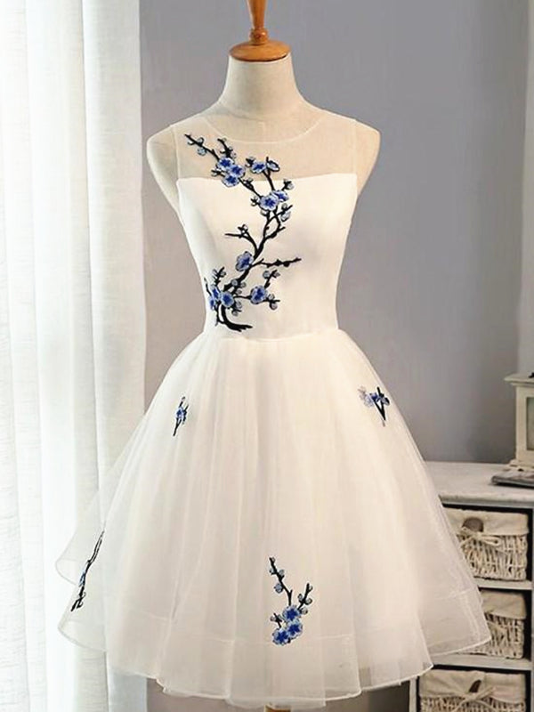 Round Neck Short White Prom Dresses, Short White Floral Graduation Homecoming Dresses, US 10 / Custom Color / No Rush