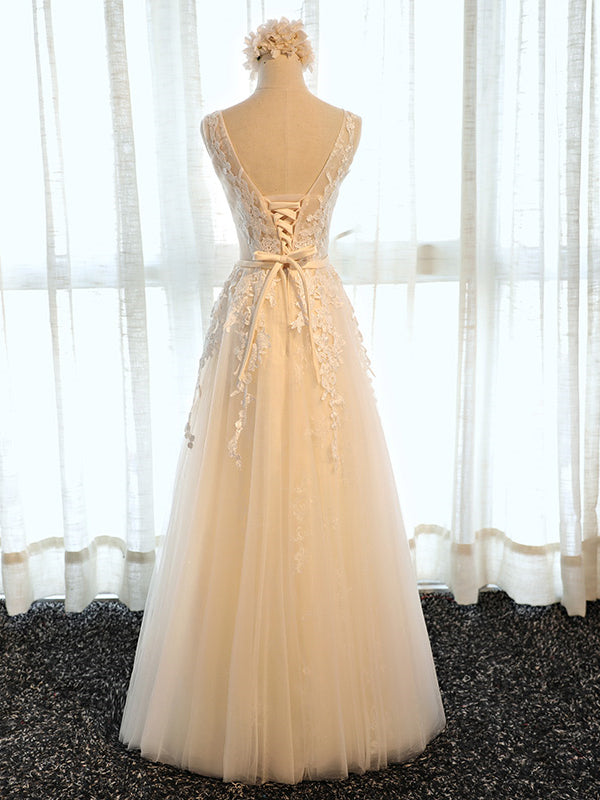 Round Neck Champagne Lace Prom Dresses, Champagne Lace Formal Evening Bridesmaid Dresses, US 4 / Champagne as Pics / With Rush+$19.99