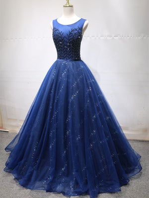Round Neck Dark Navy Blue Long Prom Dresses with Corset Back, Navy Blue Formal Evening Dresses