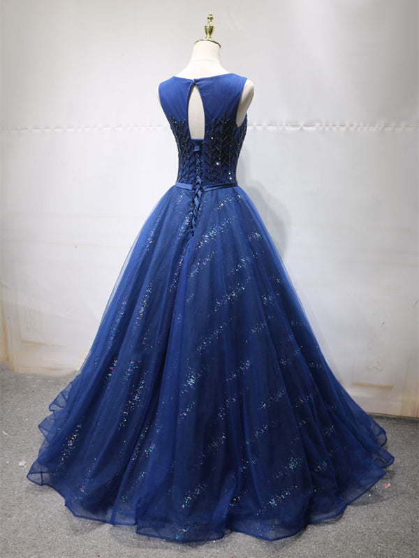 Round Neck Dark Navy Blue Long Prom Dresses with Corset Back, Navy Blu - shegown Round Neck Dark Navy Blue Long Prom Dresses with Corset Back, Navy Blu - shegown