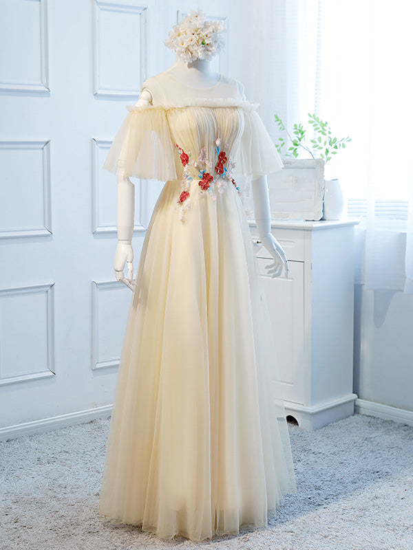 Round Neck Floral Champagne Long Prom Dress, Champagne Long Formal Bridesmaid Dresses, US 12 / Custom Color / With Rush+$19.99
