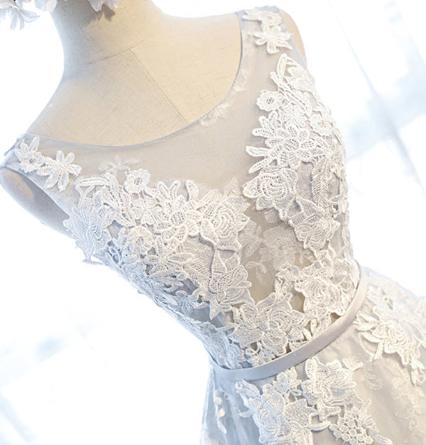 Round Neck Gray Lace Prom Dresses with Corset Back, Gray Lace Formal E - shegown Round Neck Gray Lace Prom Dresses with Corset Back, Gray Lace Formal E - shegown
