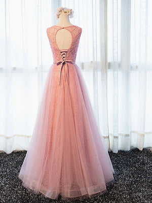 Round Neck Pink Beaded Long Prom Dresses, Pink Long Formal Evening Dresses