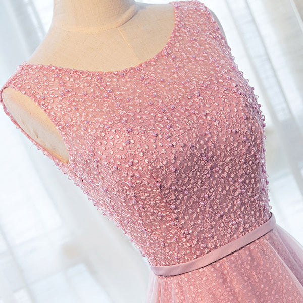Round Neck Pink Beaded Long Prom Dresses, Pink Long Formal Evening Dre - shegown Round Neck Pink Beaded Long Prom Dresses, Pink Long Formal Evening Dre - shegown