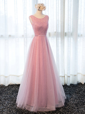 Round Neck Pink Beaded Long Prom Dresses, Pink Long Formal Evening Dresses