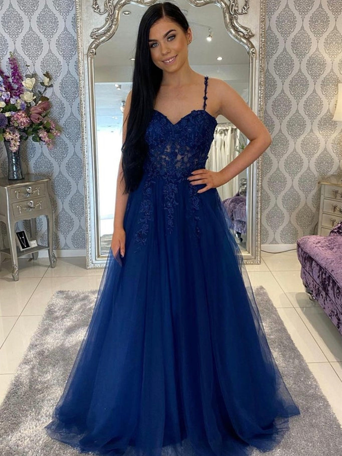 Royal Blue Lace Prom Dresses, Royal Blue Long Lace Formal Evening Dresses