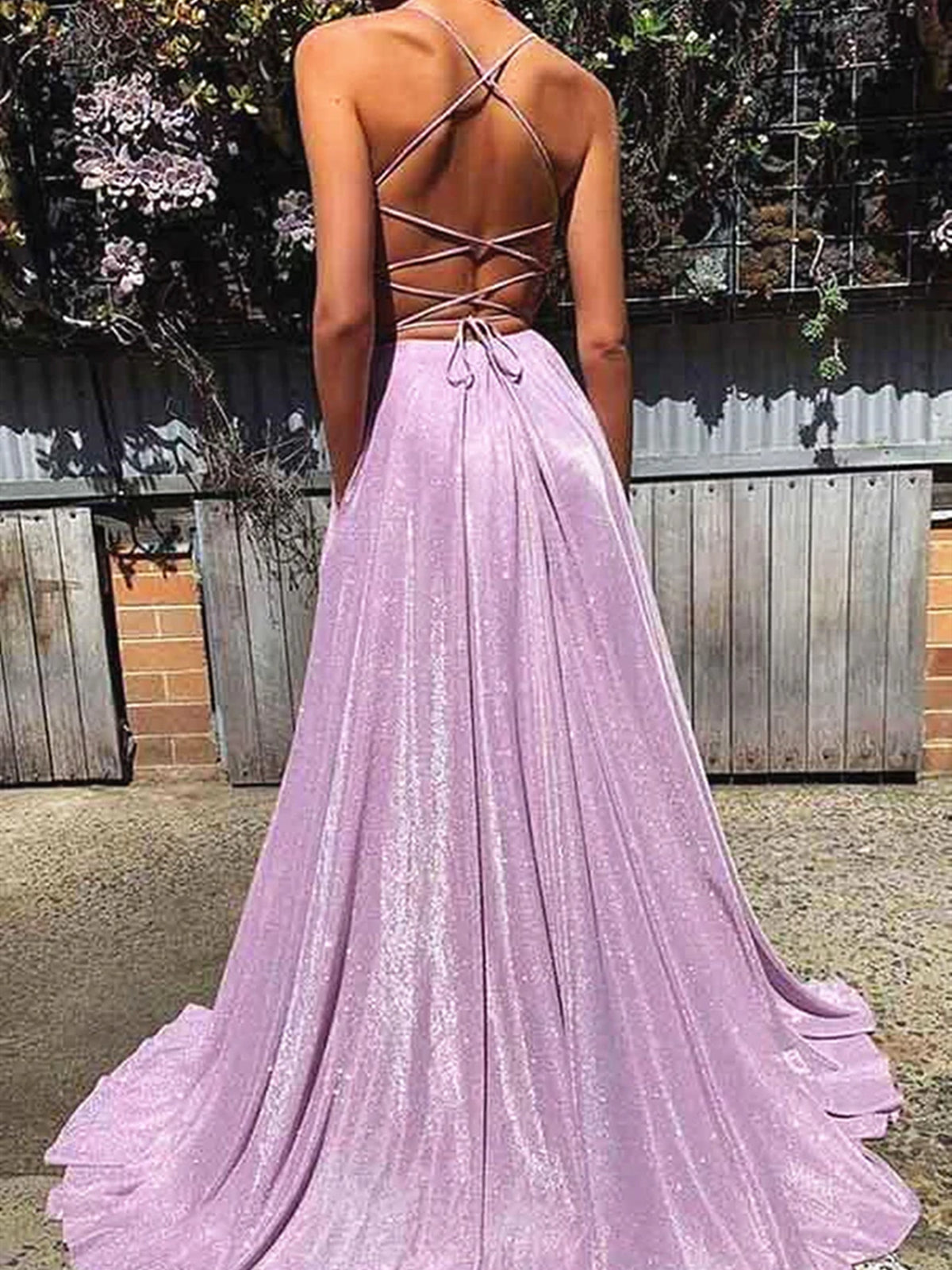 Shiny A Line V Neck Purple Prom Dresses, Purple V Neck Long Formal Gra - shegown Shiny A Line V Neck Purple Prom Dresses, Purple V Neck Long Formal Gra - shegown