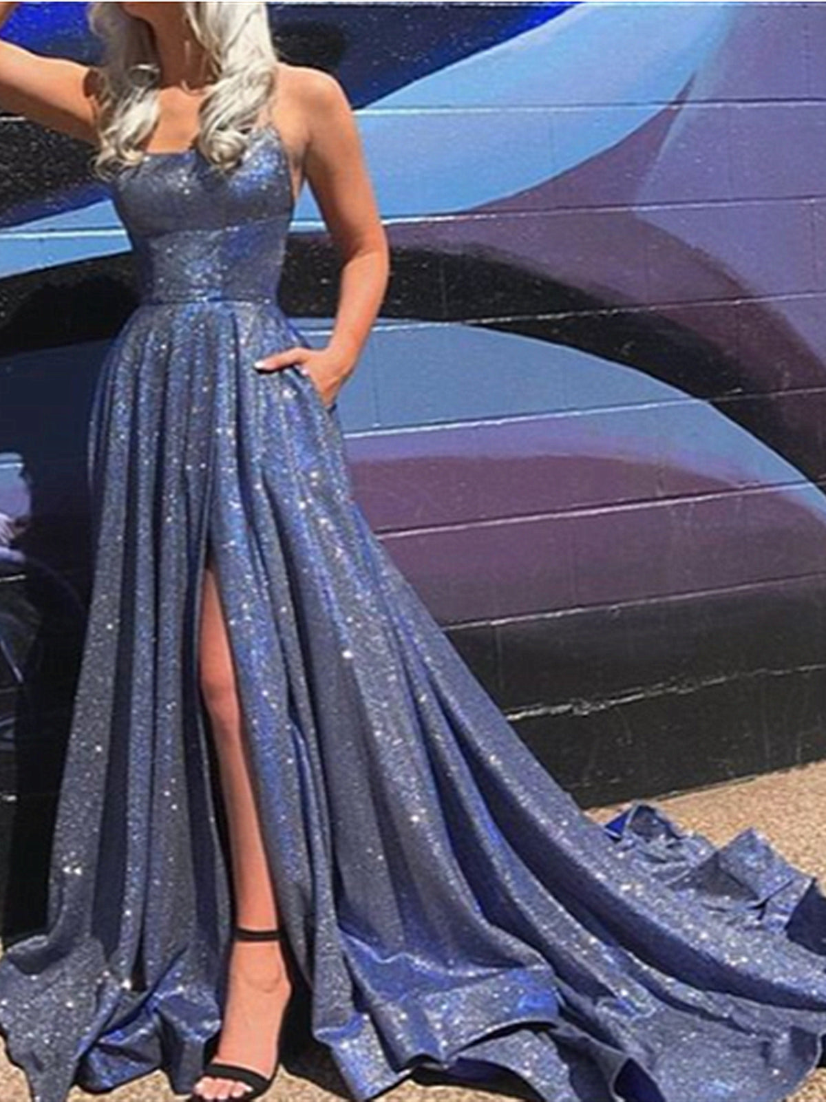 Shiny Backless Blue Prom Dresses, Open Back Shiny Blue Lace Formal Graduation Dresses, US 6 / Custom Color / No Rush Shiny Backless Blue Prom Dresses, Open Back Shiny Blue Lace Formal Graduation Dresses, US 6 / Custom Color / No Rush