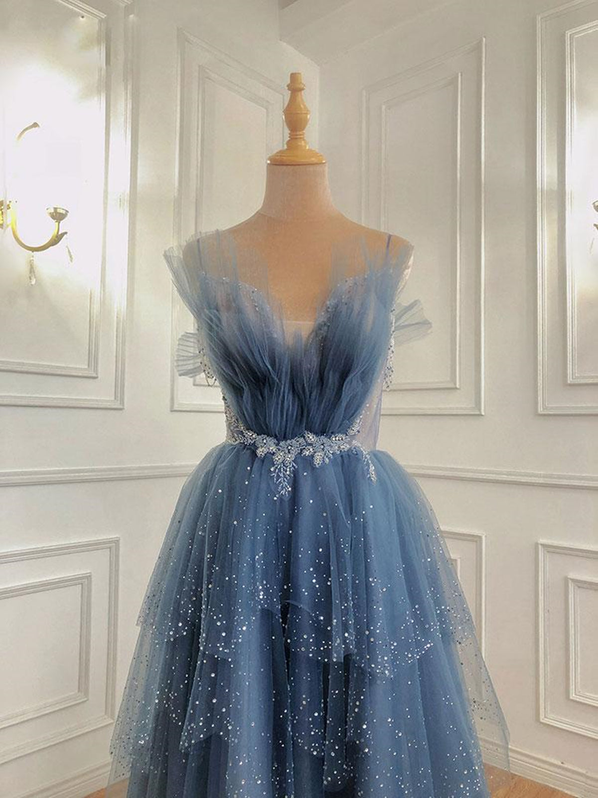 Shiny Blue Beaded Puffy Long Prom Dresses, Blue Beaded Long Formal Gra - shegown Shiny Blue Beaded Puffy Long Prom Dresses, Blue Beaded Long Formal Gra - shegown