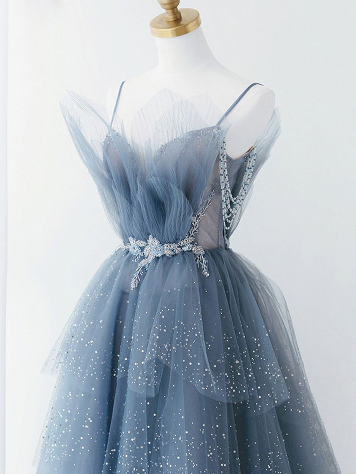 Shiny Blue Beaded Puffy Long Prom Dresses, Blue Beaded Long Formal Gra - shegown Shiny Blue Beaded Puffy Long Prom Dresses, Blue Beaded Long Formal Gra - shegown