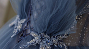 Shiny Blue Beaded Puffy Long Prom Dresses, Blue Beaded Long Formal Graduation Dresses