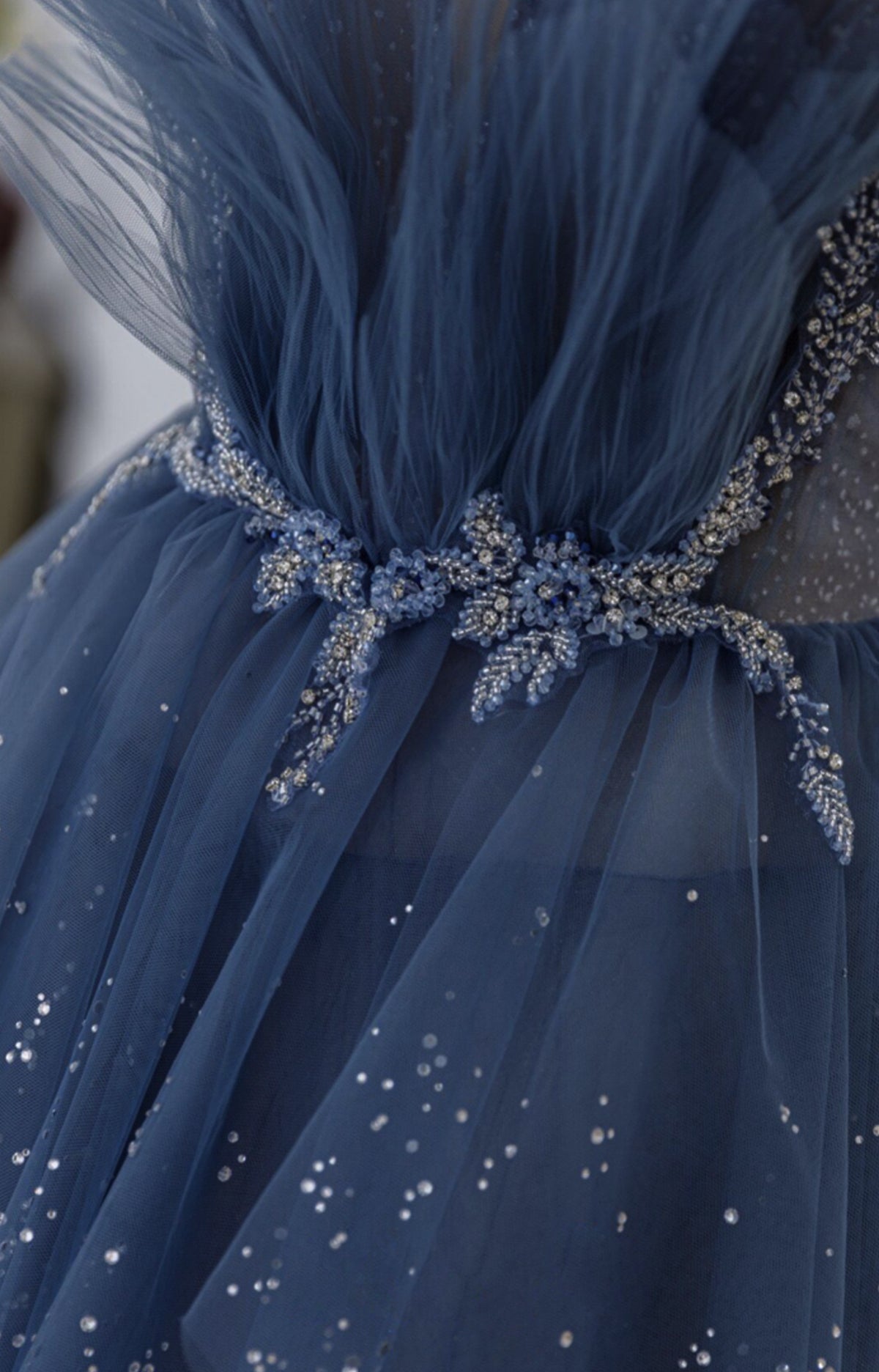 Shiny Blue Beaded Puffy Long Prom Dresses, Blue Beaded Long Formal Graduation Dresses Shiny Blue Beaded Puffy Long Prom Dresses, Blue Beaded Long Formal Graduation Dresses