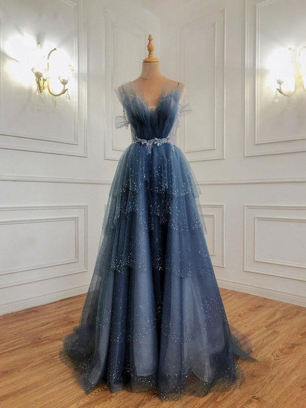 Shiny Blue Beaded Puffy Long Prom Dresses, Blue Beaded Long Formal Gra ...