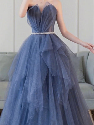 Shiny Blue Long Prom Dresses, Blue Long Formal Graduation Dresses