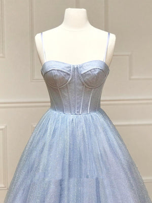 Shiny Blue Long Prom Dresses, Shiny Blue Formal Evening Dresses