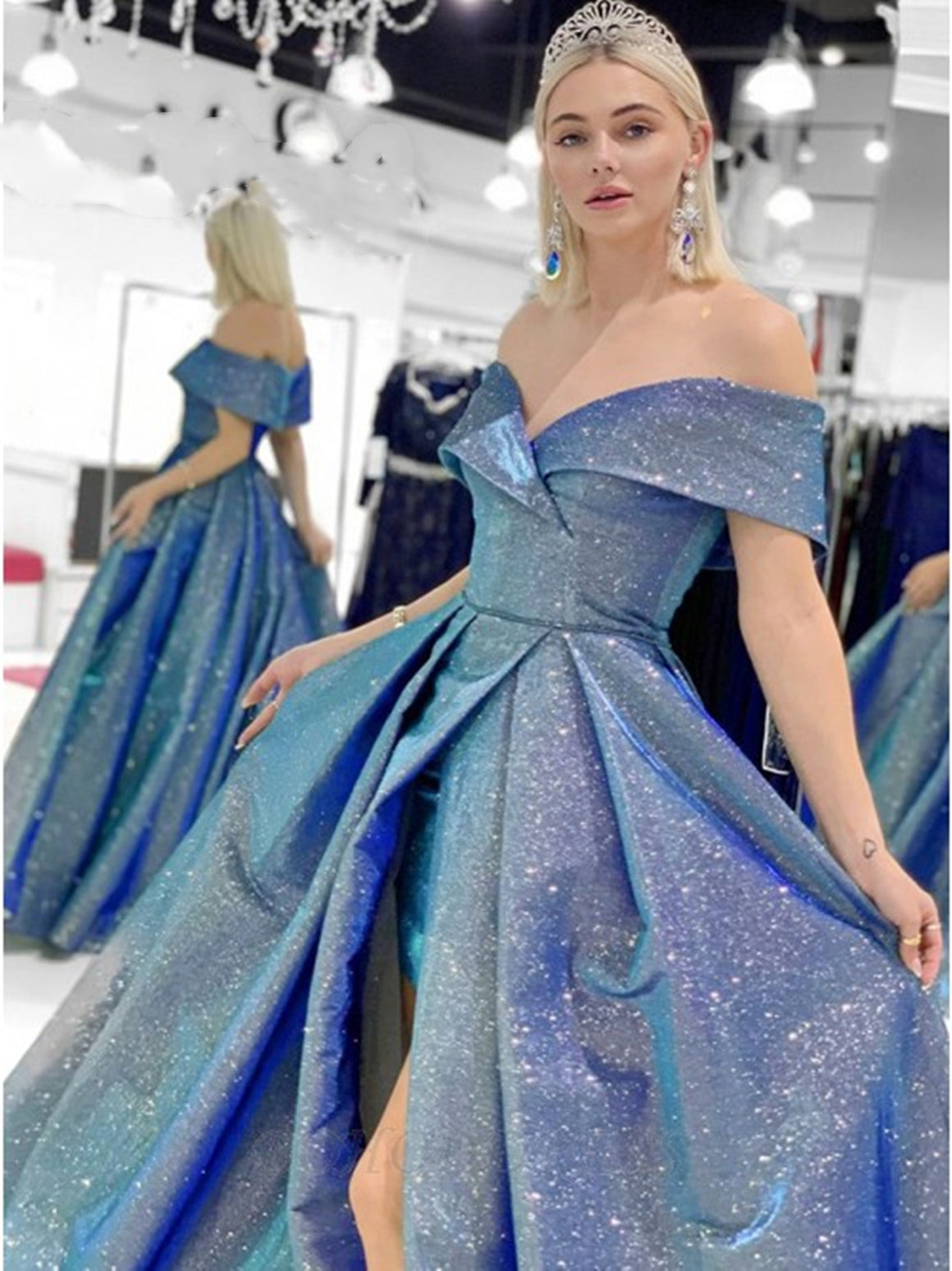 Shiny Blue Off the Shoulder Long Prom Dresses, Blue Off Shoulder Long Formal Evening Dresses