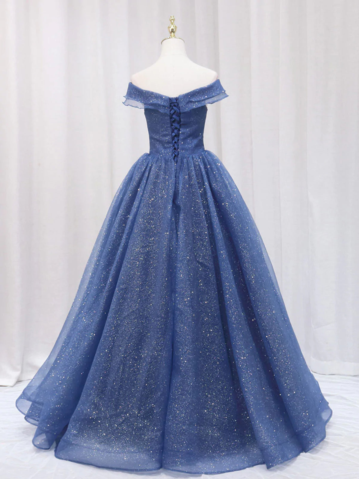 Shiny Off Shoulder Navy Blue Tulle Long Prom Dresses, Navy Blue Formal - shegown Shiny Off Shoulder Navy Blue Tulle Long Prom Dresses, Navy Blue Formal - shegown