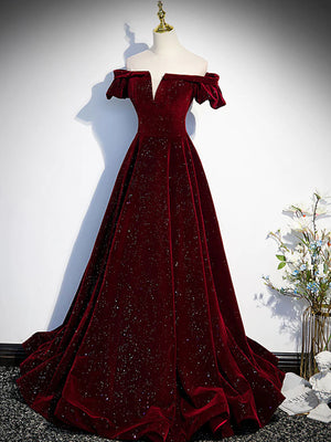 Shiny Off the Shoulder Burgundy Long Prom Dresses, Off Shoulder Wine Red Formal Evening Dresses