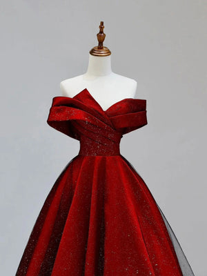 Shiny Off the Shoulder Burgundy Long Prom Dresses, Wine Red Off Shoulder Formal Evening Dresses